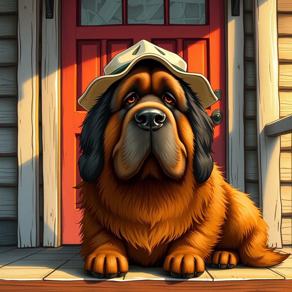 Comedic Newfoundland Dog in Farmer's Hat on Porch