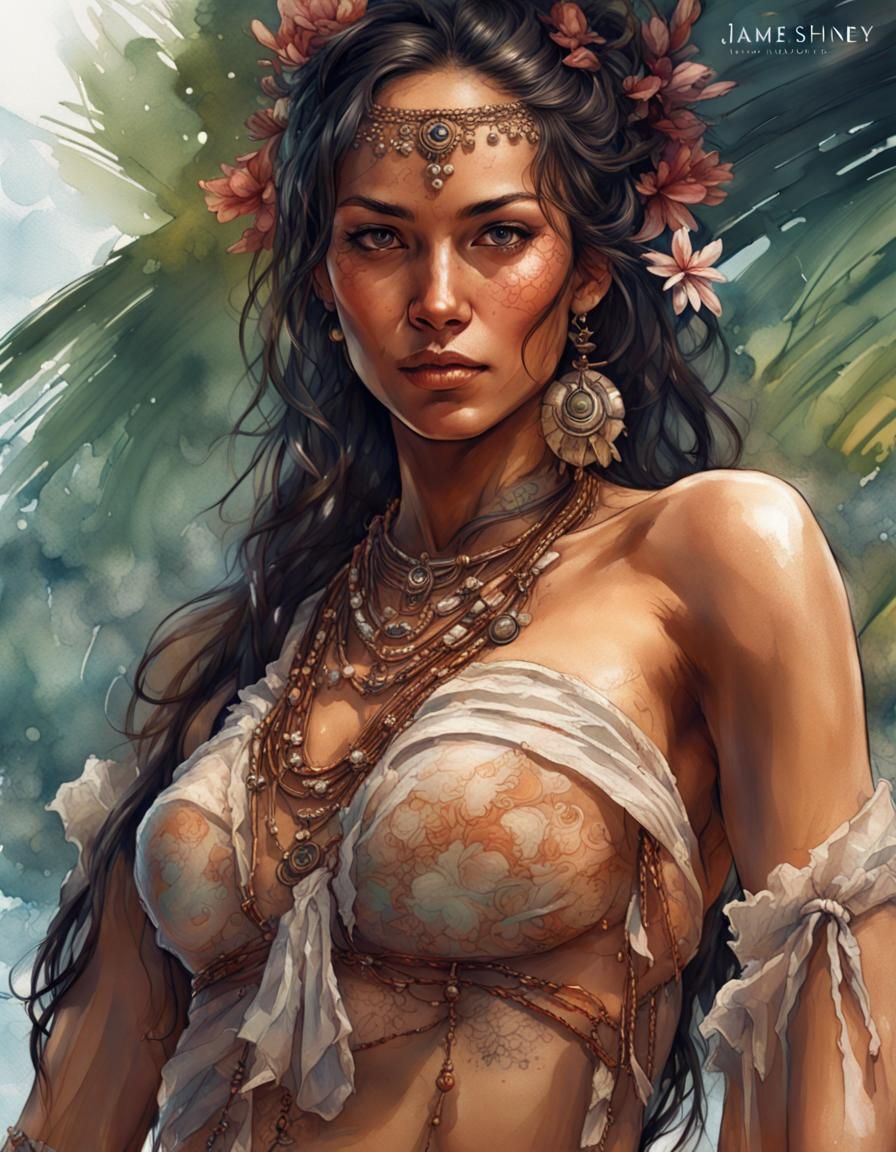 Tahitian Lady Portrait in Splash Art Style