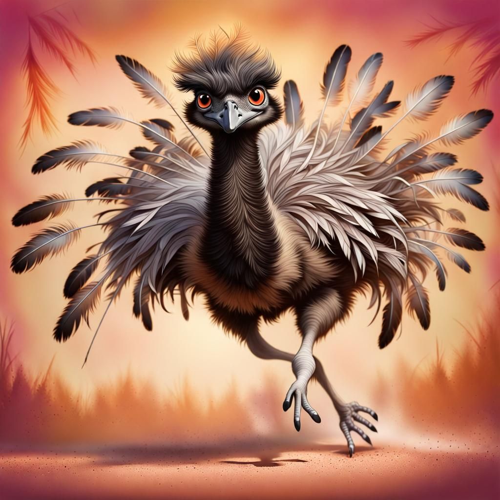 Big-Eyed Emu Running in a Colorful Landscape