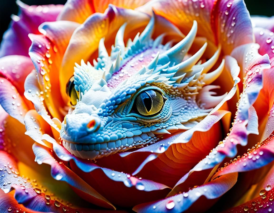 Tiny White Dragon Sleeping in Rose, Macro Photography