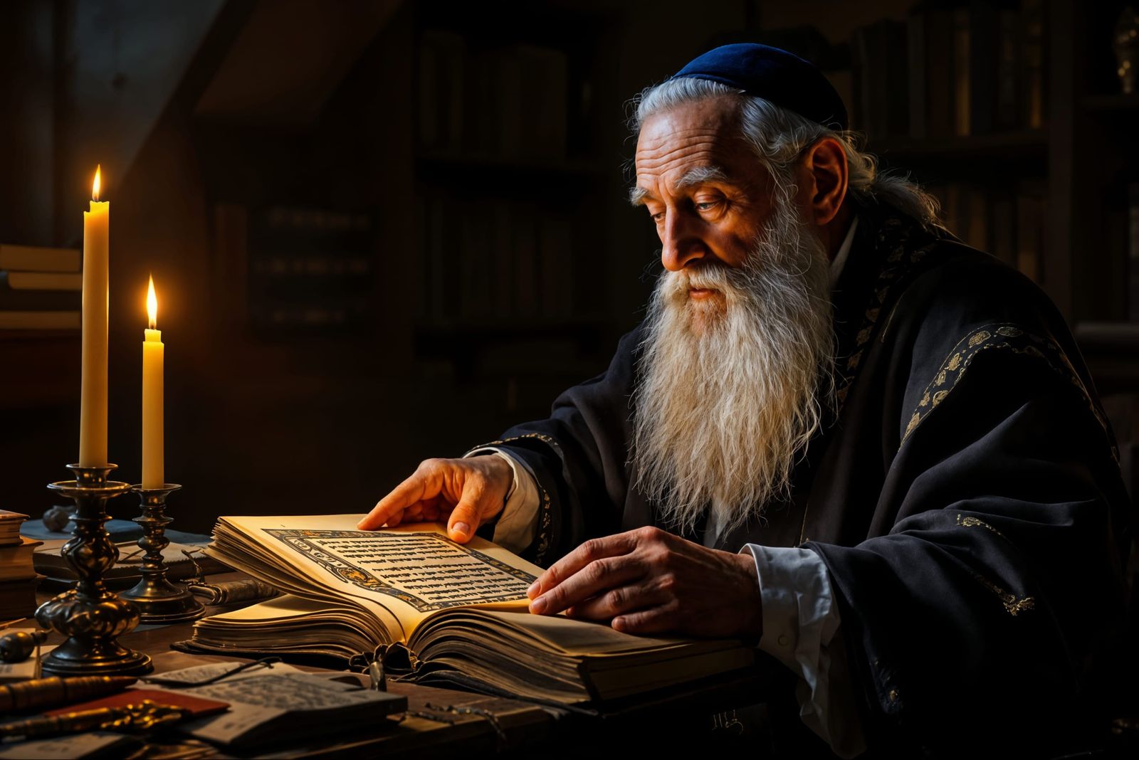 Wise Rabbi Studying Ancient Manuscript by Candlelight