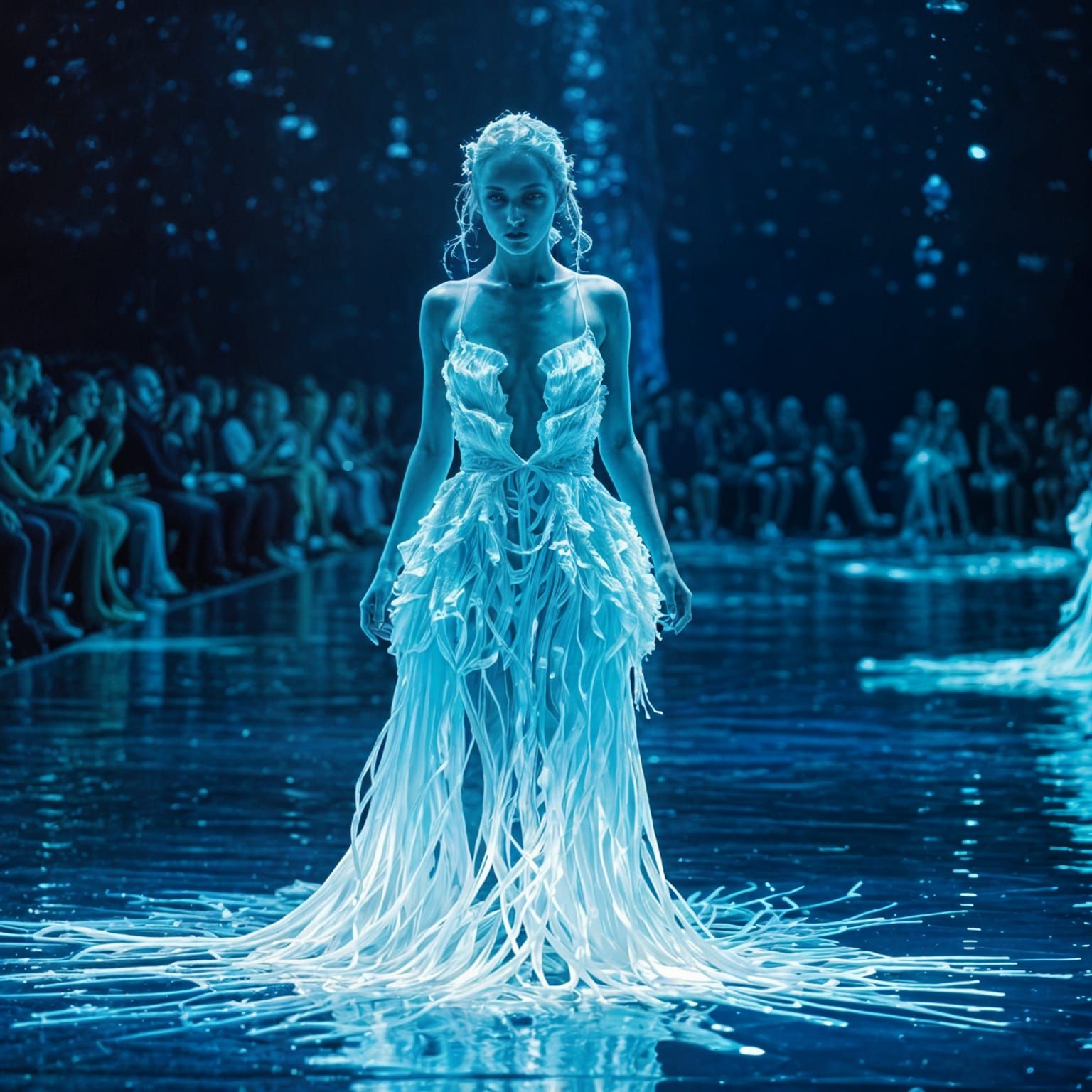 Glowing Fashion Model in Abyssal Blues