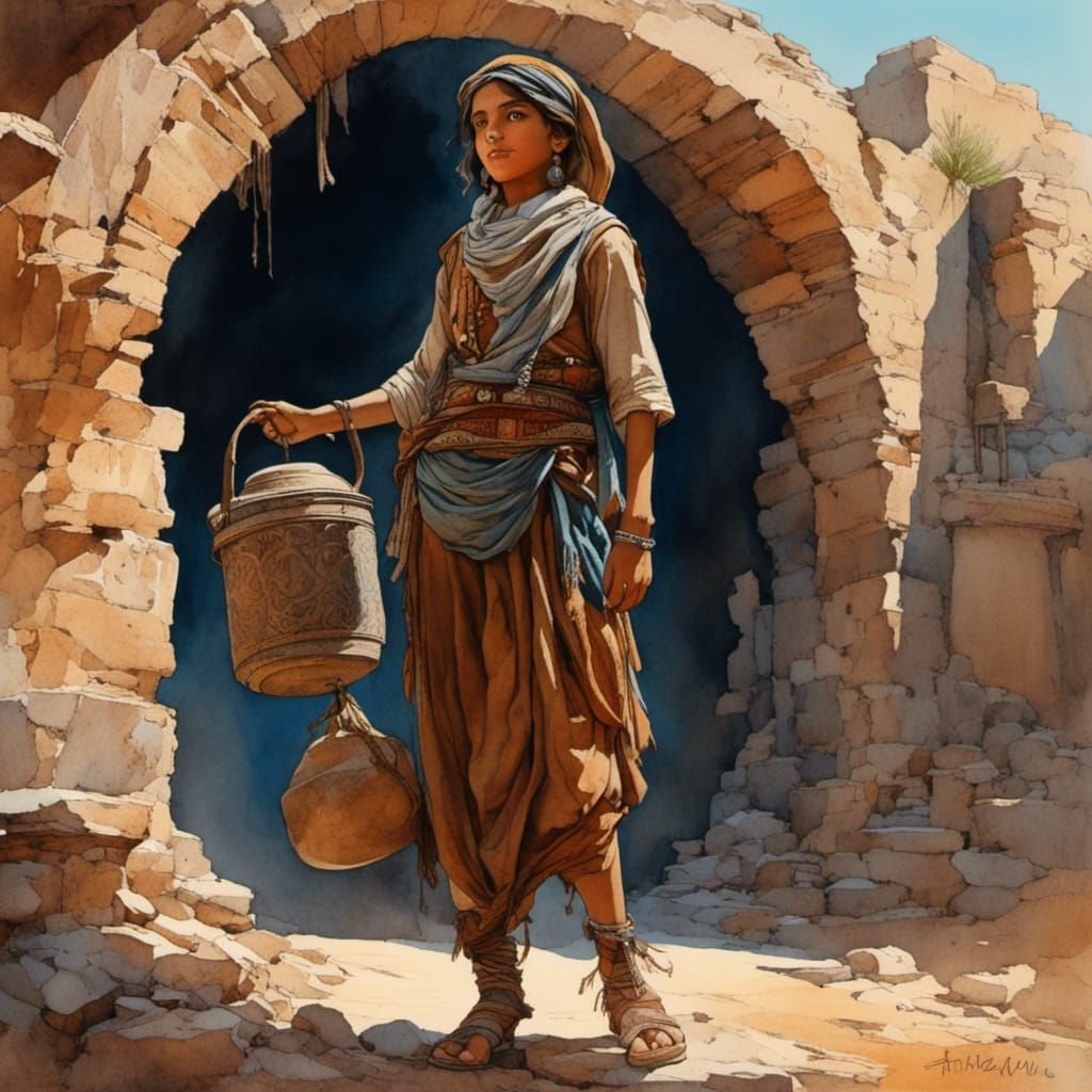 Nomadic Arab girl looking for water
