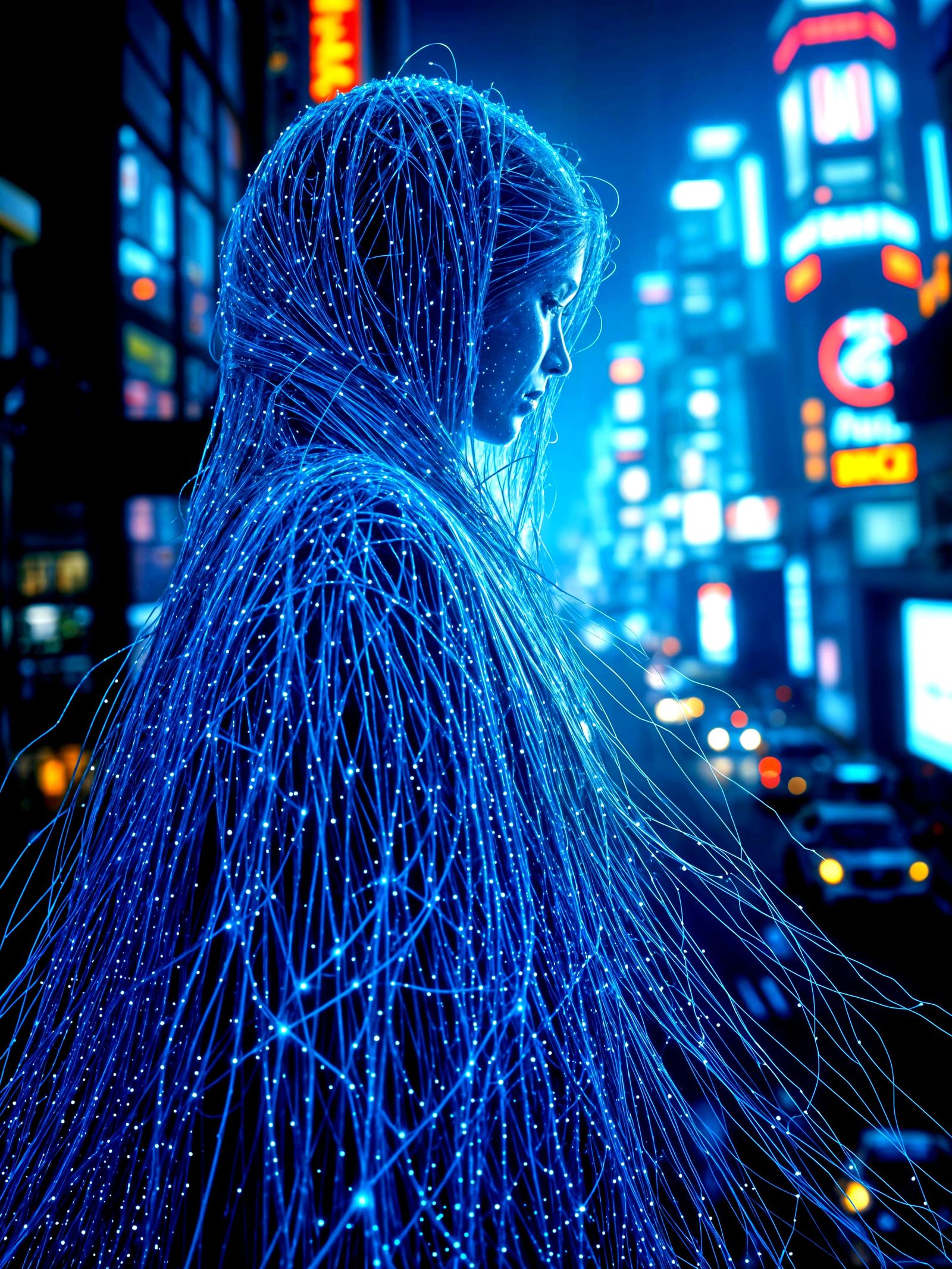 Platinum String Woman in Hyperfuturistic Cityscape