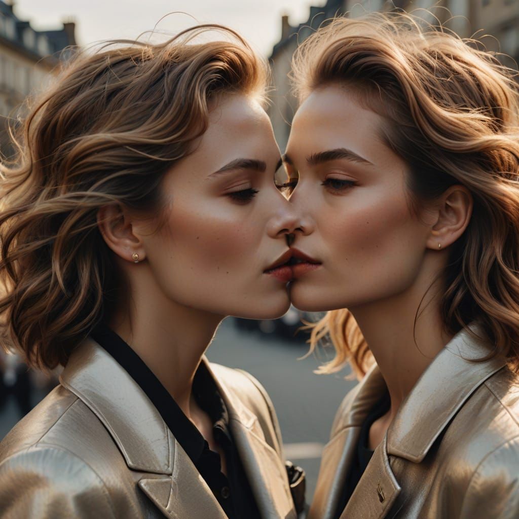 Elegant European Women Share a Soft, Warm Kiss