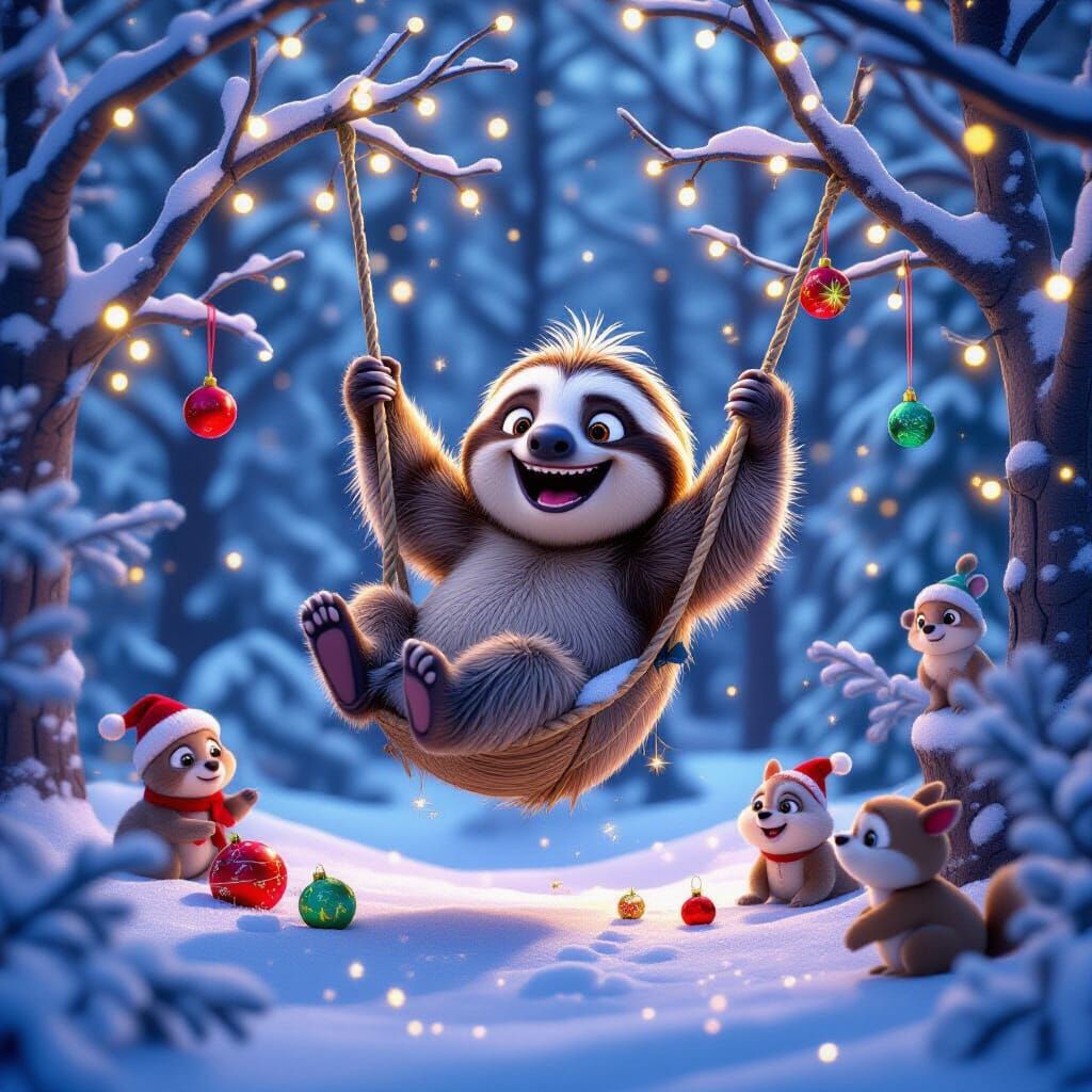 Mischievous Sloth in Winter Forest Christmas Scene
