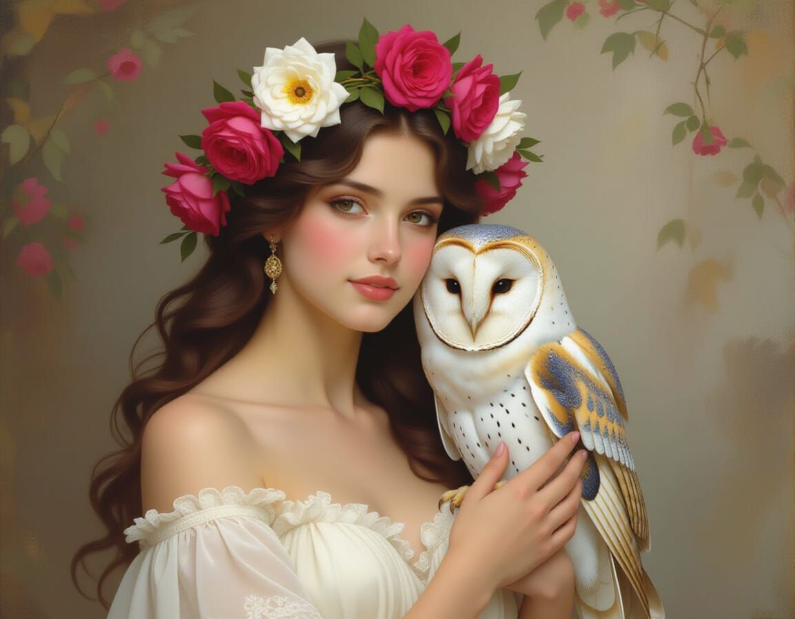 Woman with Rose Wreath and Owl, Classical Art