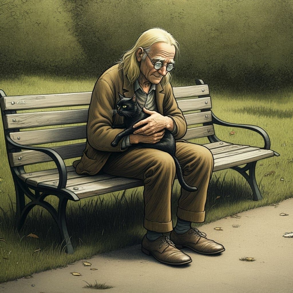 Old Man with Cat in Park, Robert Crumb Style