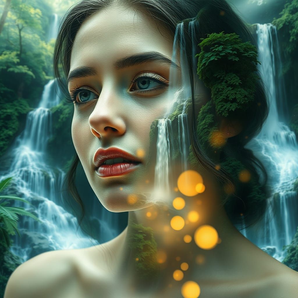 Surreal Double Exposure Merges Woman with Mystical Waterfall...