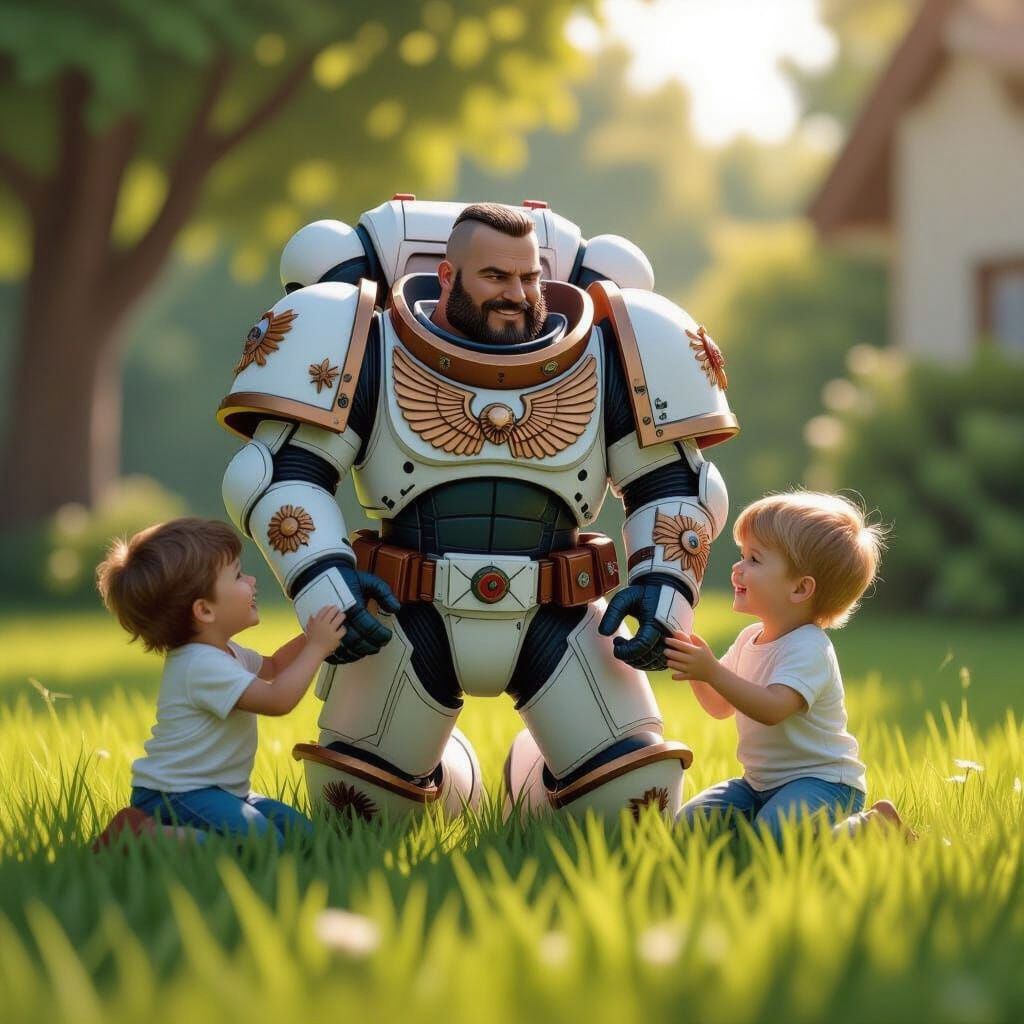 Space Marine Playing With Kids in Grassy Yard