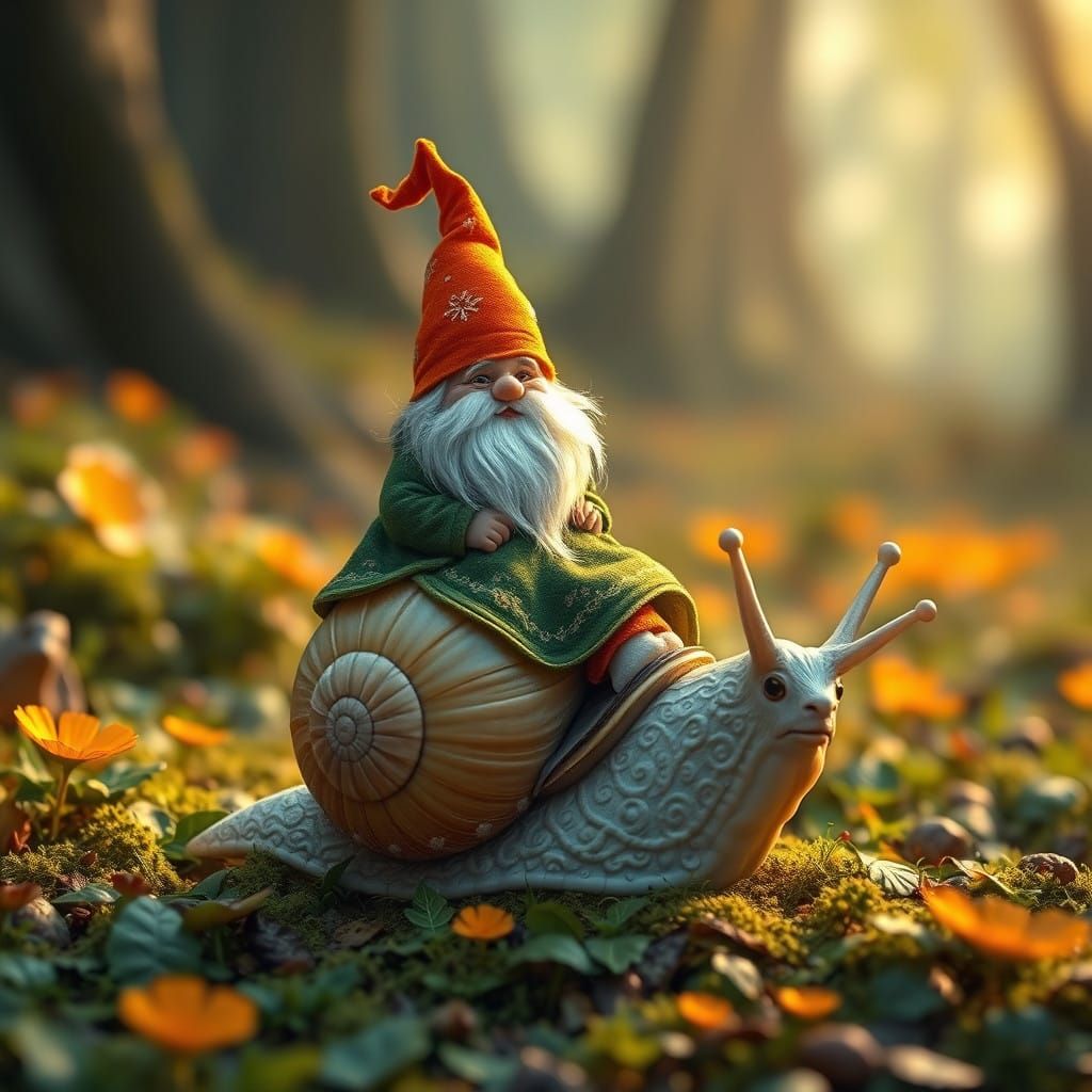 Gnome Rides Majestic Albino Snail Through Lush Forest in Dra...