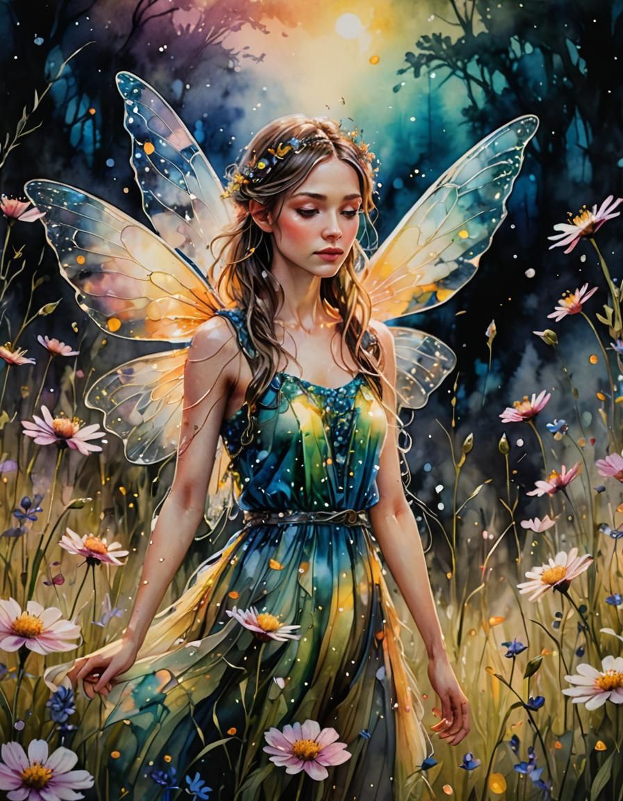 Ethereal Fairy in Floral Meadow: Watercolor Digital Art
