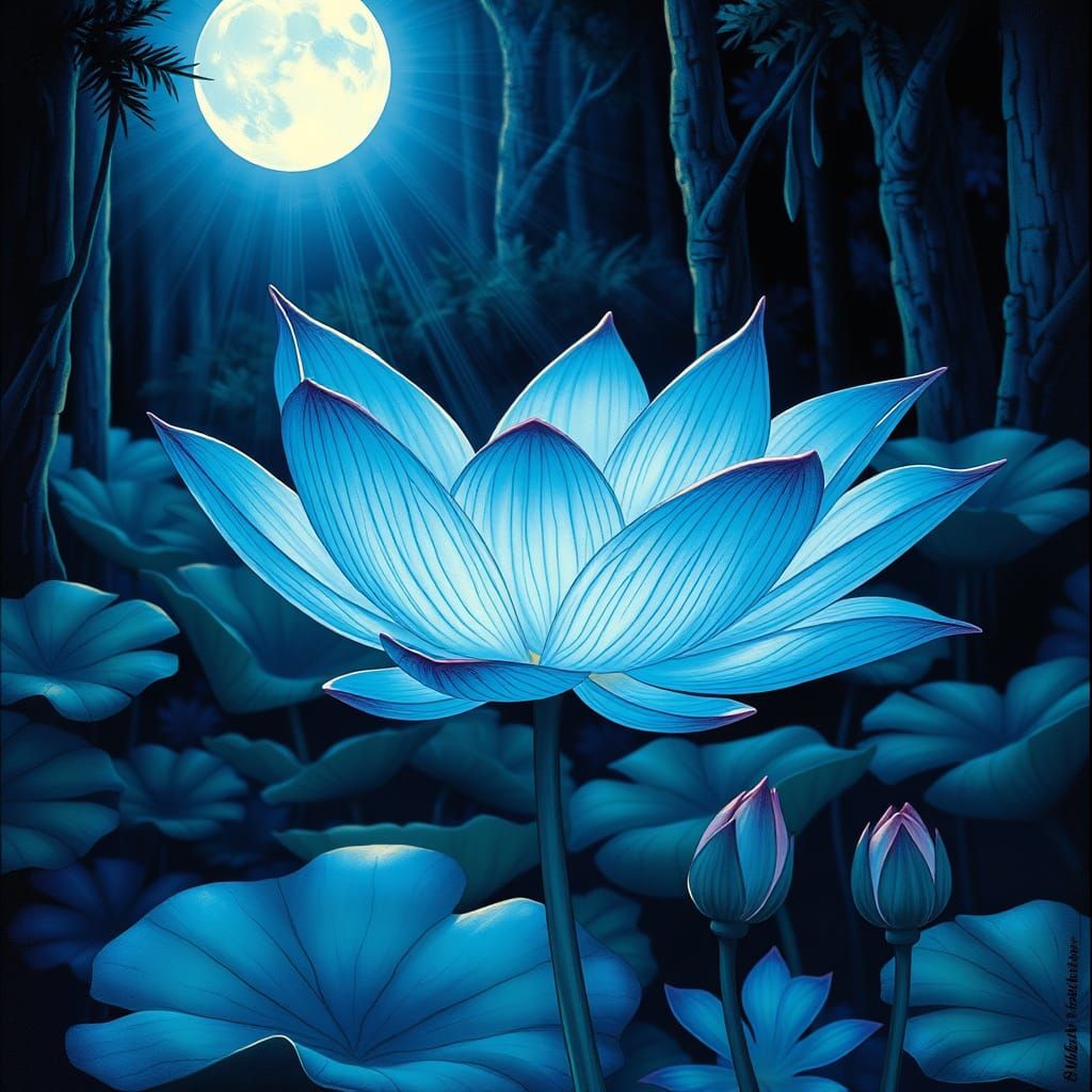 Blue Lotus Blooms in Mystical Moonlight Forest
