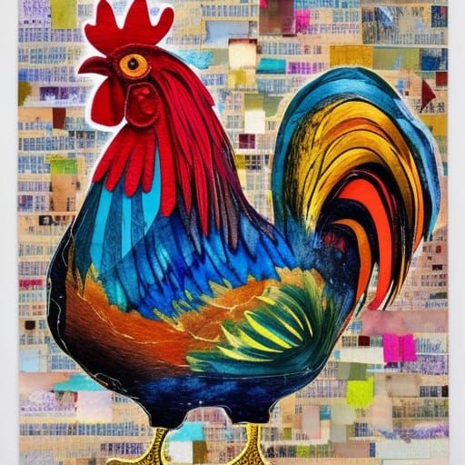 Colorful Rooster Collage in Modern Boho Art Style