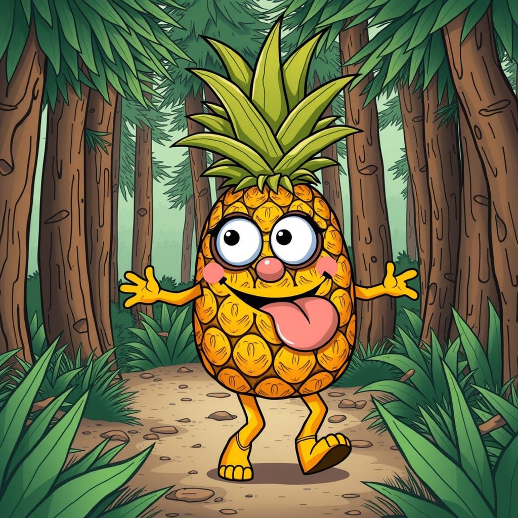 A Cartoon Pineapple Embarks on a Whimsical Pine Forest Adven...