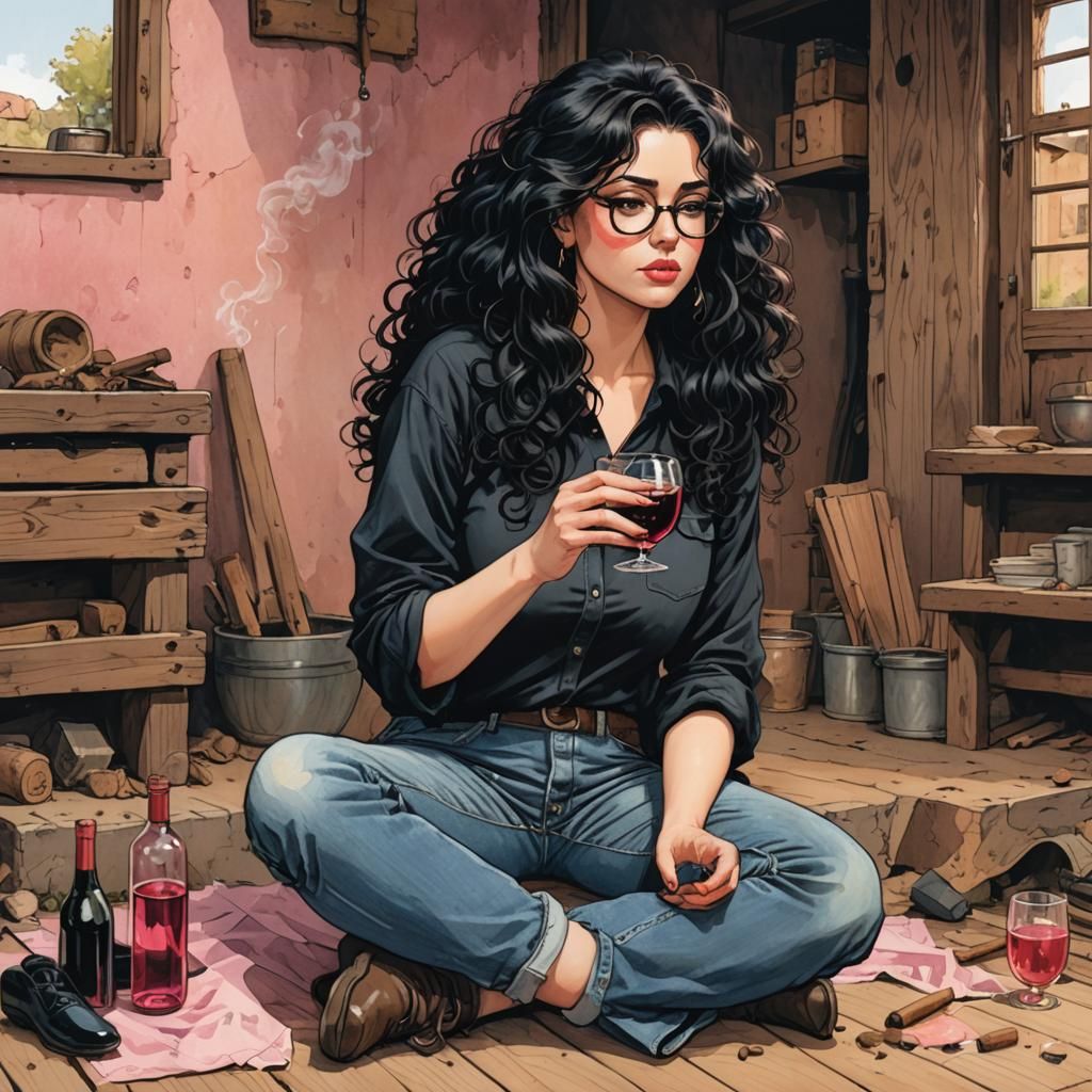 Sad Brunette Woman Smoking in Anime Comic Style