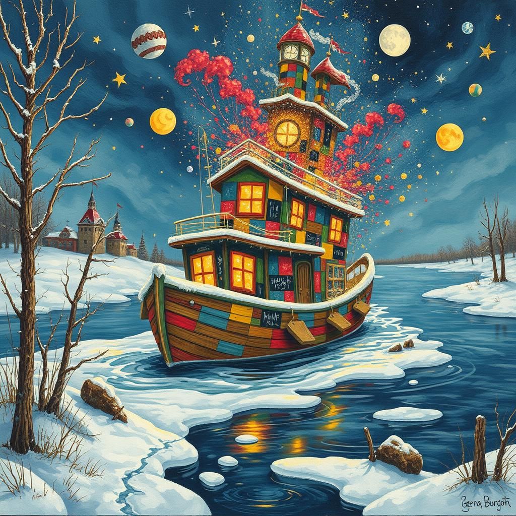 Surreal Patchwork Houseboat in Winter Wonderland