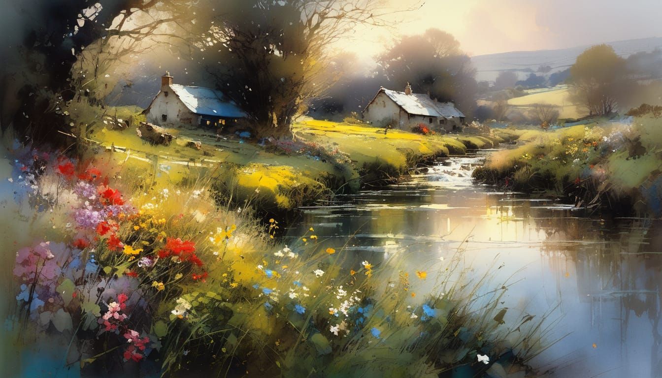 Vibrant Spring Countryside Scene in Watercolor