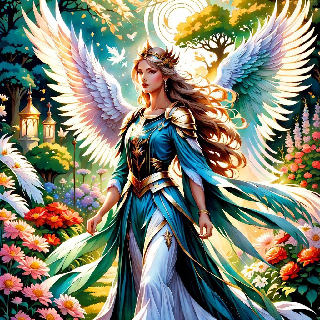 Fairy and Griffin Tarot Card in Pre-Raphaelite Style