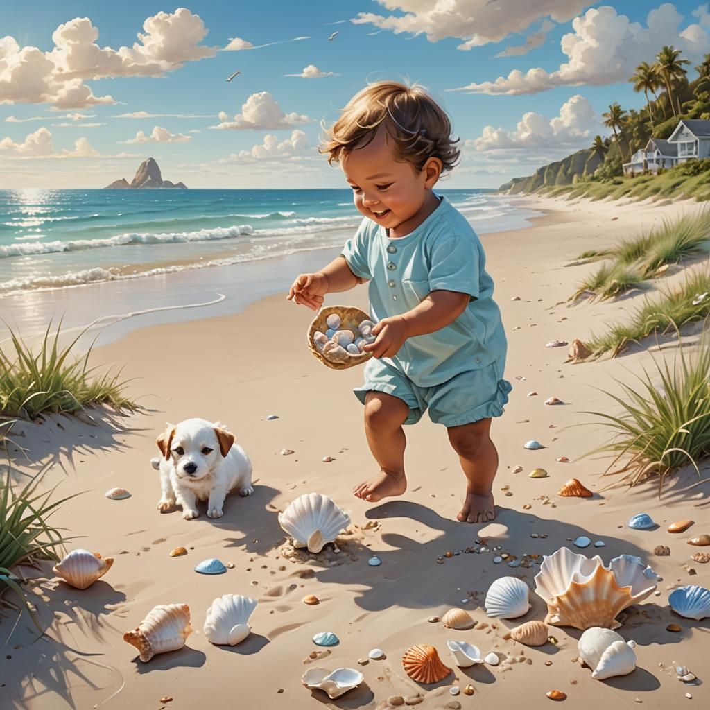 Baby and Puppy on Sunny Beach: Fantasy Art