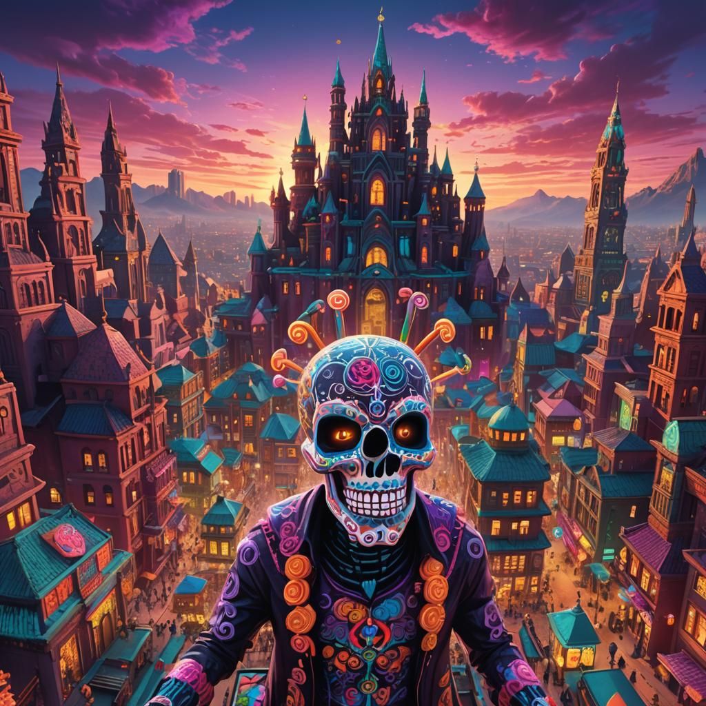 Candy Skull Deity Reigns Over Megatropolis