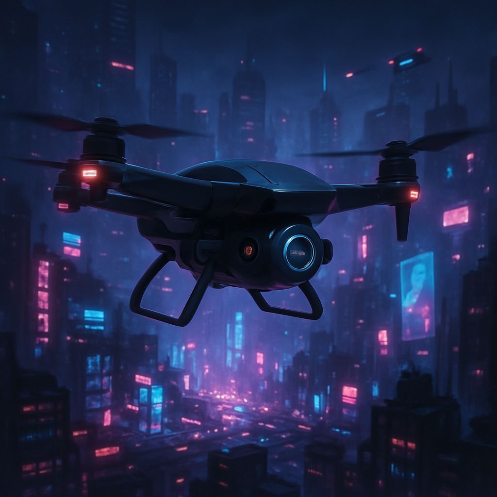 Futuristic Drone Soars Over Neon Cyberpunk Cityscape