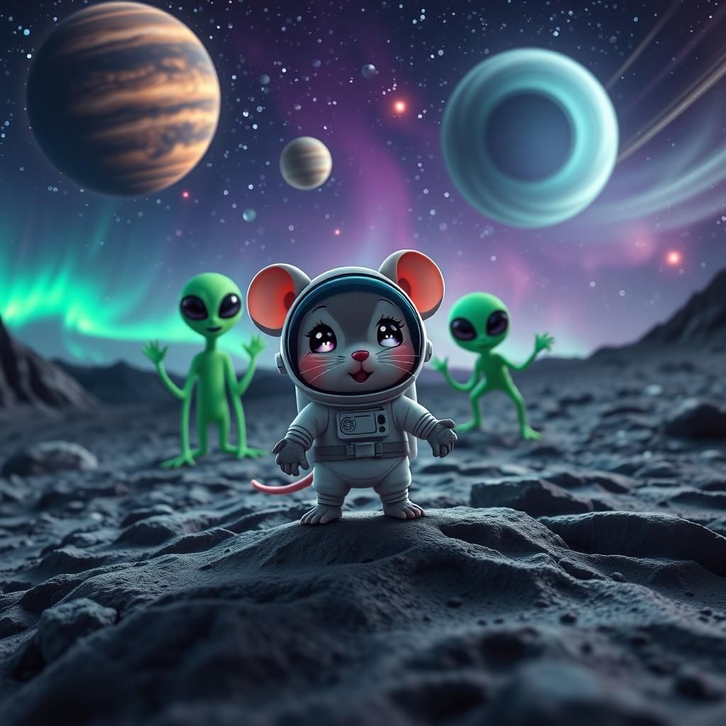 Chibi Mouse on Moon with Neon Alien in Cyberpunk Style