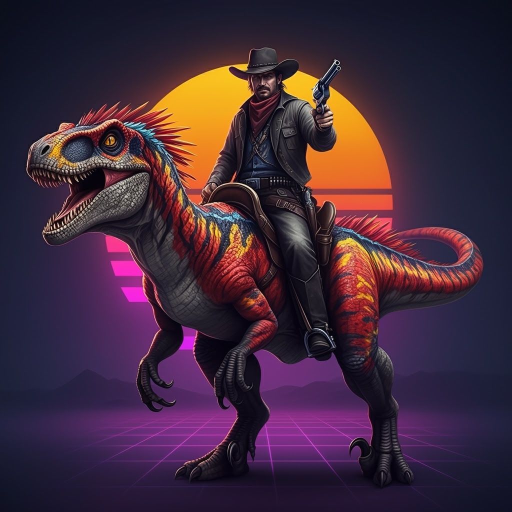 Cowboy Rides Utahraptor in Synthwave Old West