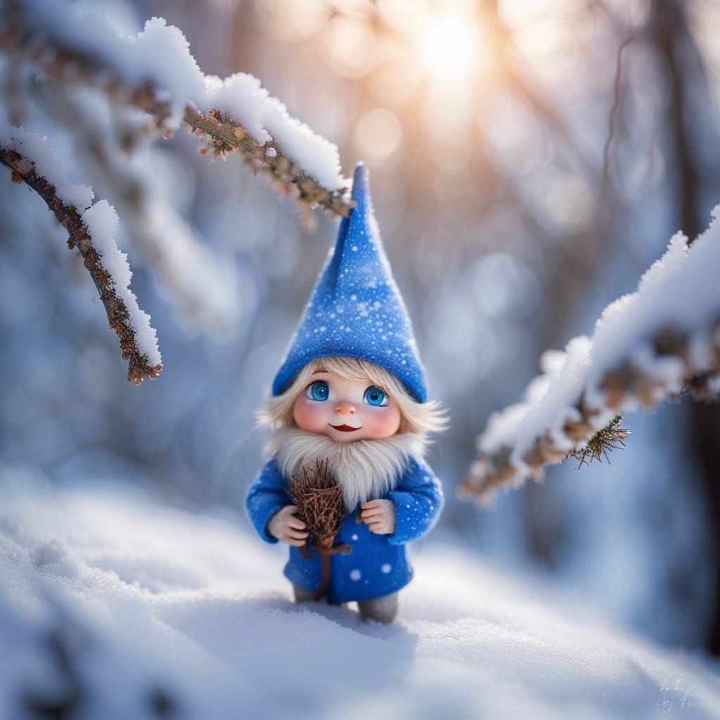 Elf in Winter Forest With Basket