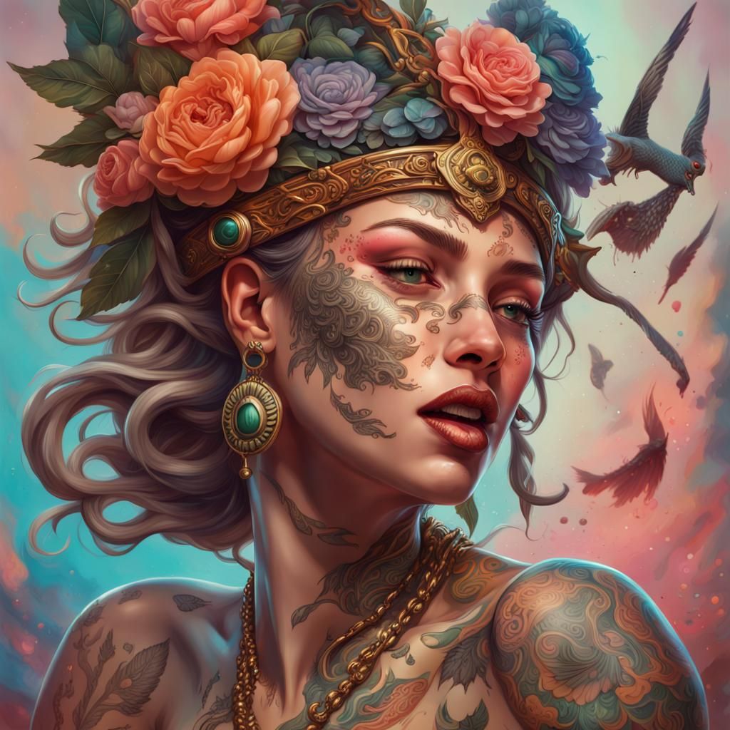 Hyperrealistic Artemis with Tattoos and Tongue Out