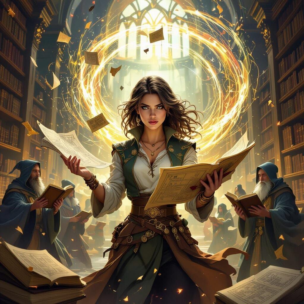 Woman Directs Wizards in Chaotic Magical Library