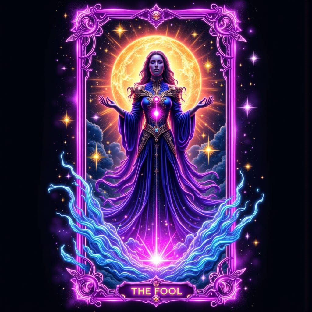Futuristic Tarot Card: The Fool in Cyberpunk Style