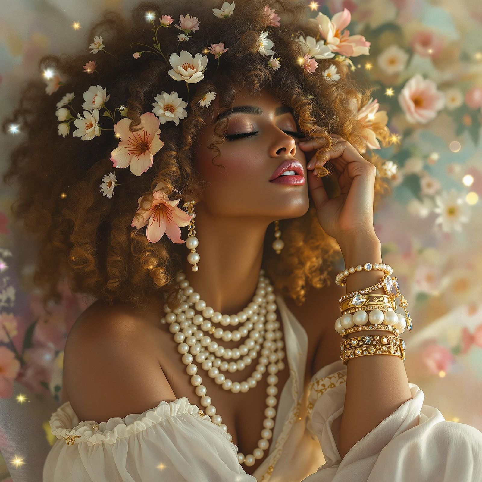 Regal Woman in Ethereal Oil Painting with Majestic Afro