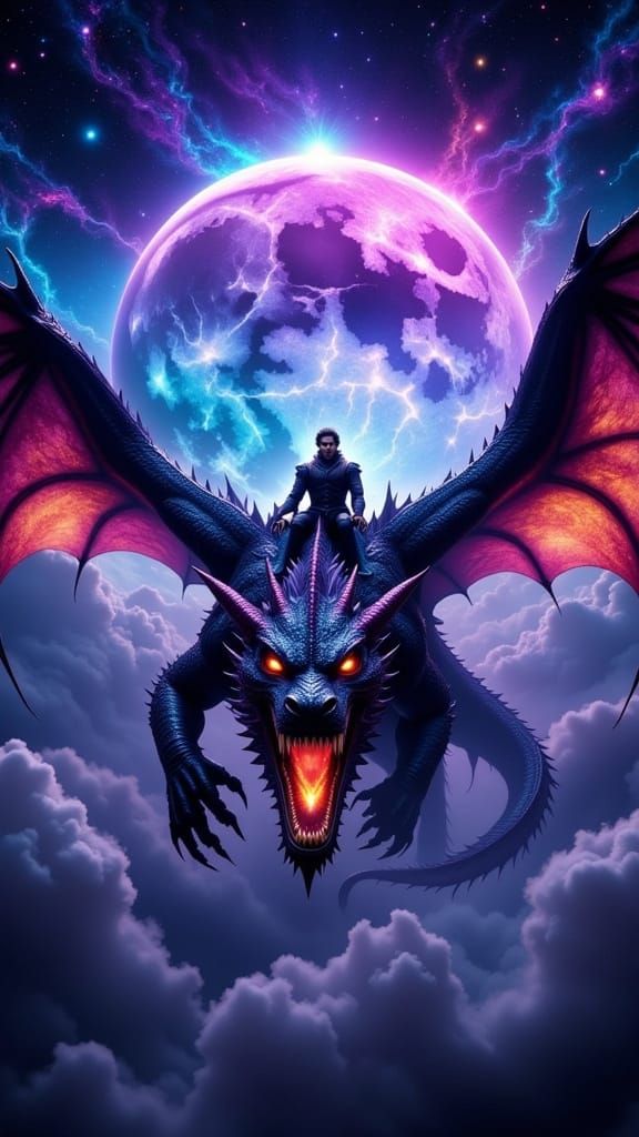 Dragon Rider Soaring Towards Moon, Hyperrealistic Fantasy Ar...