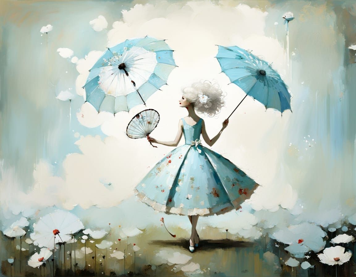 Fairy with Parasol in Impressionistic White Garden