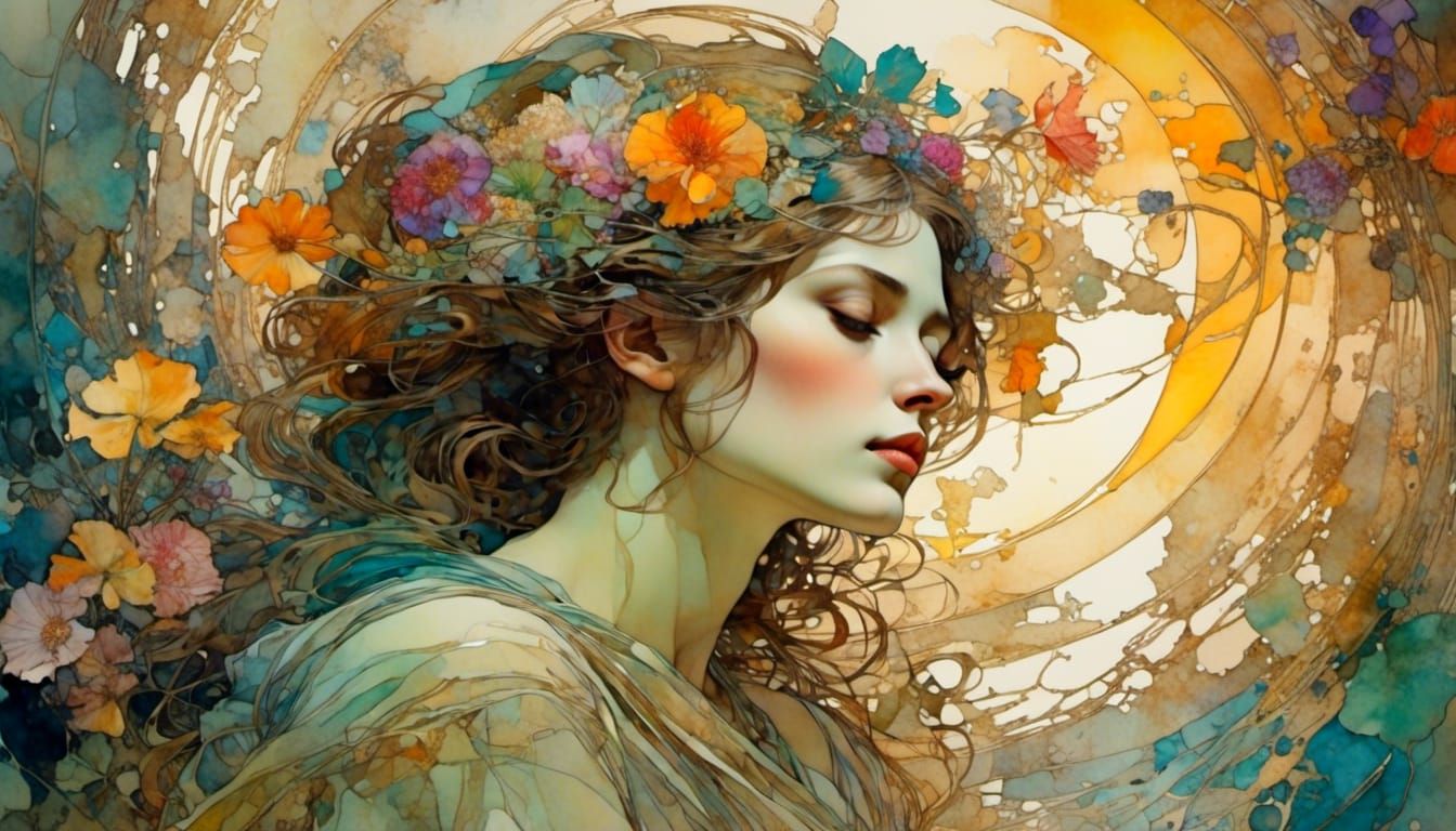 Ethereal Figure Ponders Mortality in Dreamlike Garden