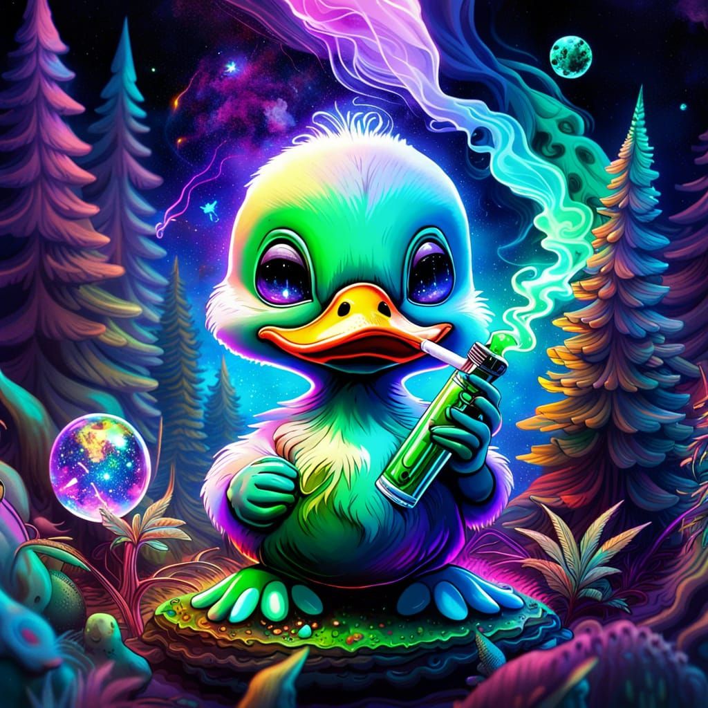 Cosmic Alien Duckling in Trippy Galactic Forest