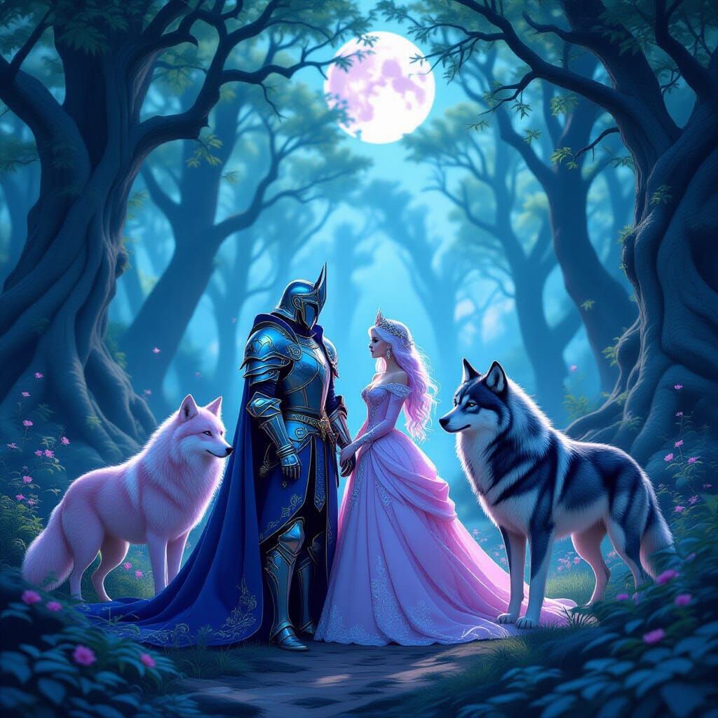Fantasy Forest Scene with Sapphire Knight and Wolves