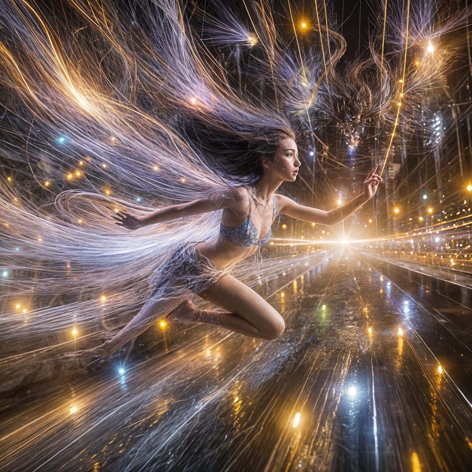 Ethereal Asian Woman Flies at Light Speed