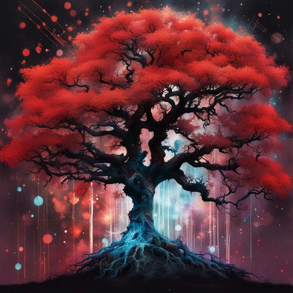 Glowing Silhouette Tree with Geometric Patterns