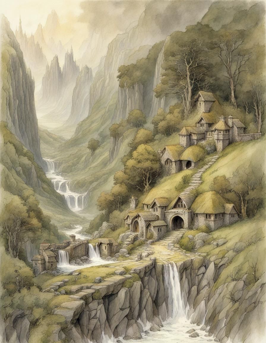 Charming Hobbit Village in Illustrative Style
