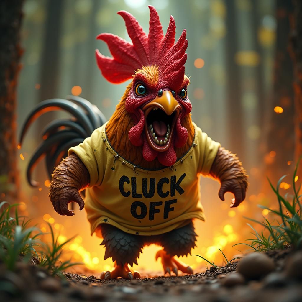 Enraged Chibi Rooster in Hyper-Realistic Dark Fantasy