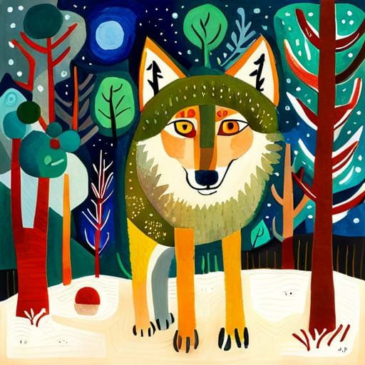 Winter Wolf in Forest, Gouache and Watercolor Style