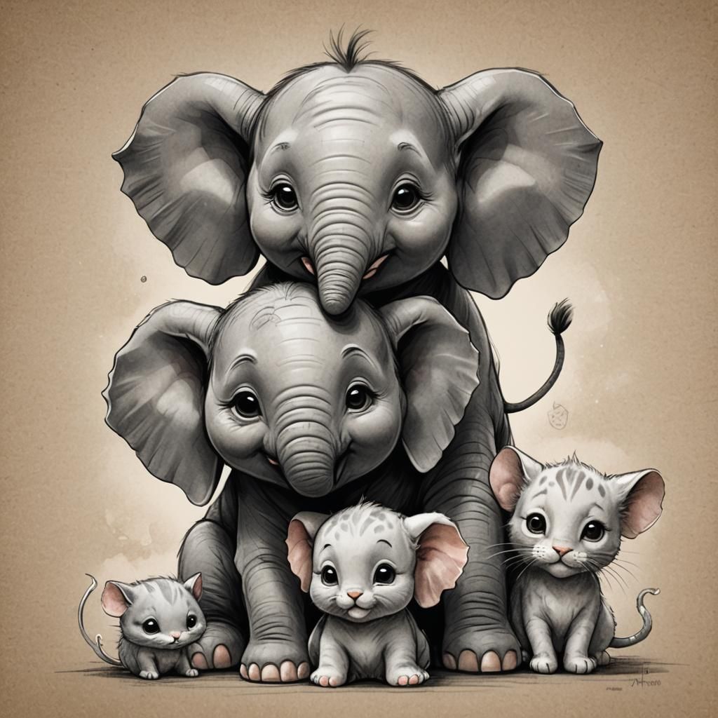 Chibi Elephant, Mouse, and Cat Friends: Pencil Sketch