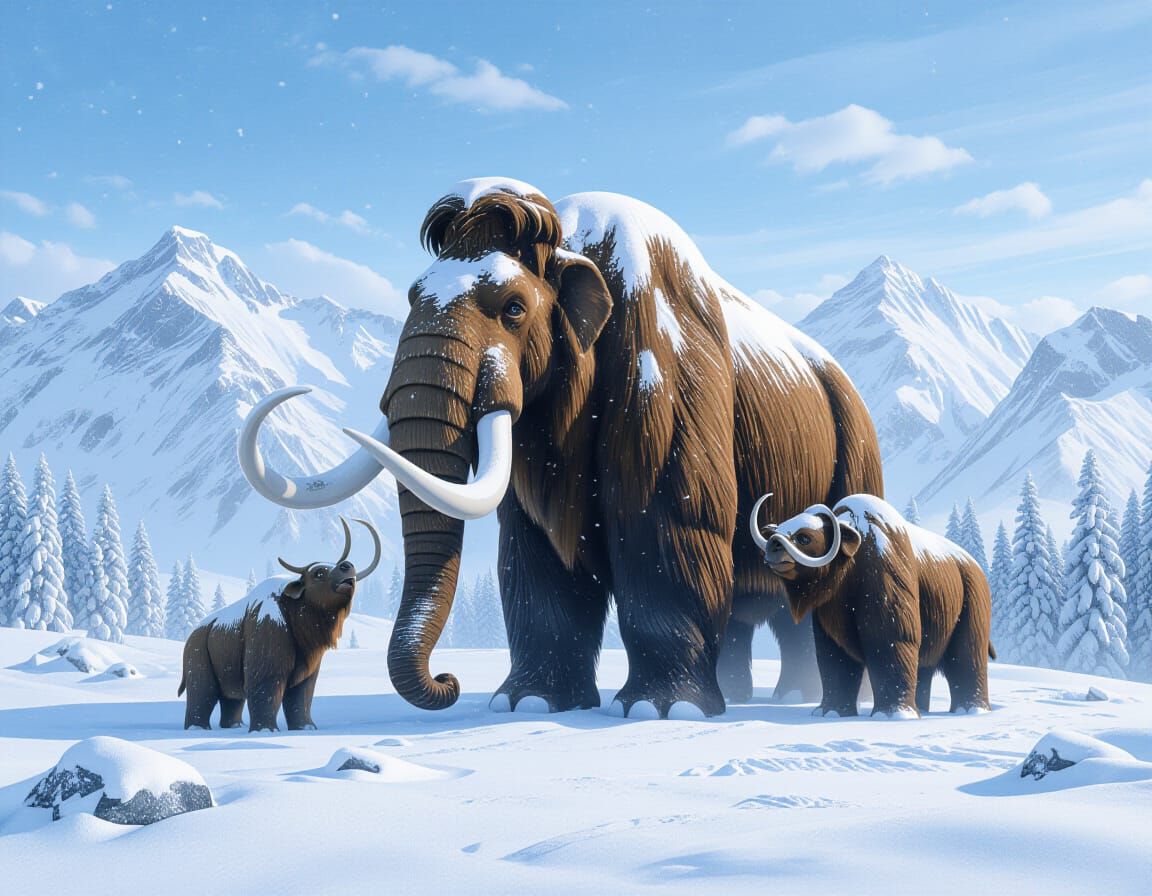 Mammoth Family Journey Through Snowy Mountains