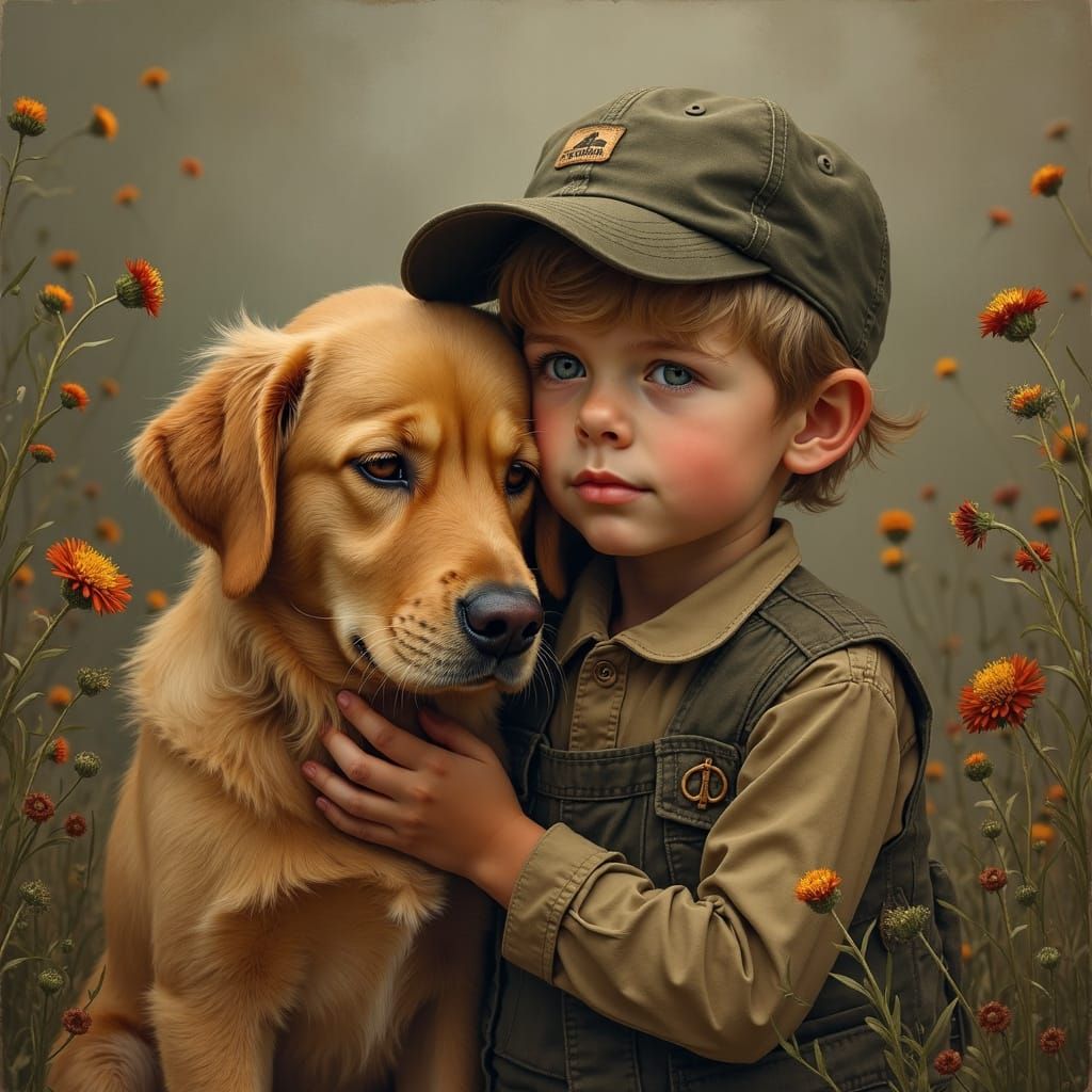 Boy Hugs Golden Retriever in Realistic Art