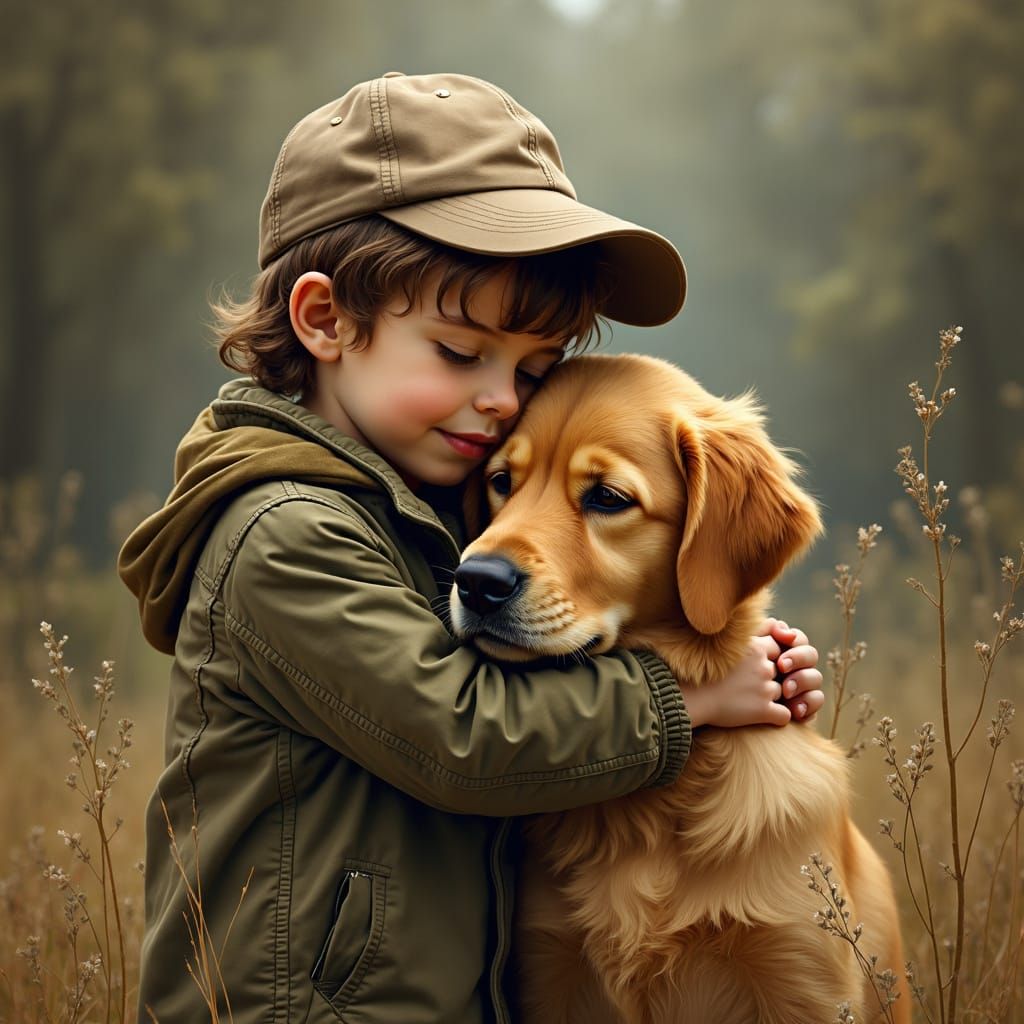 Boy Hugs Golden Retriever in Whimsical Realism