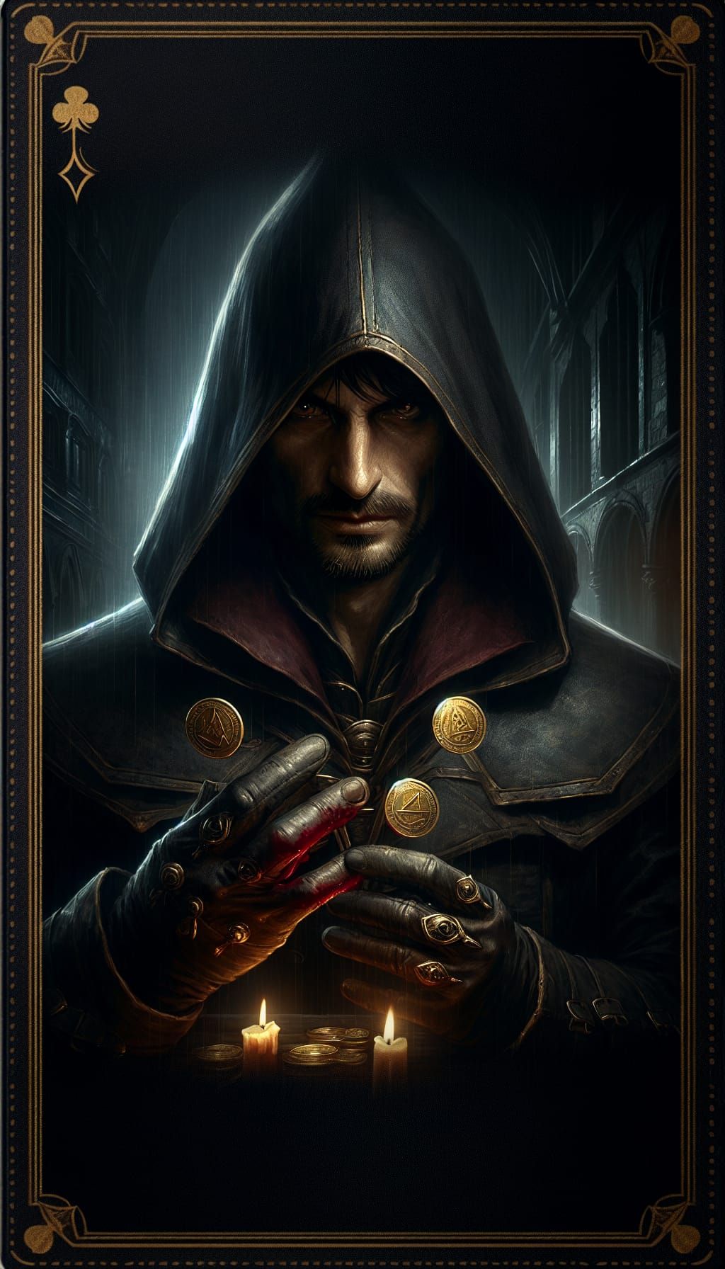 Mysterious Hooded Figure with Dagger and Gold Coins