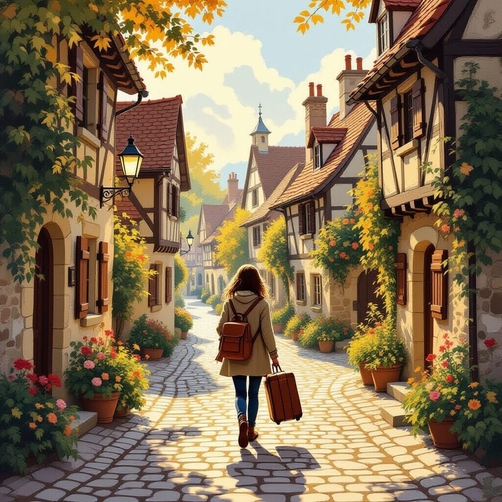 Young Traveler in Sun-Dappled European Village