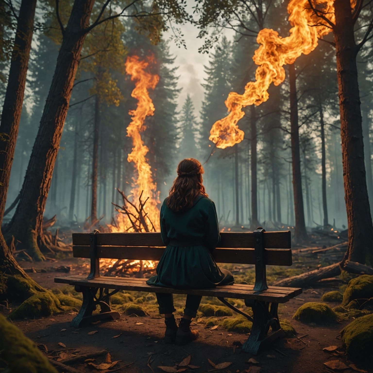 Woman Amidst Forest Fire: Fantasy Concept Art